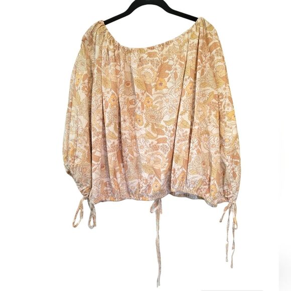 Charlie Holiday Neutral Floral Puff Sleeve Tie Blouse Size 8 Boho Vacation - Picture 2 of 7